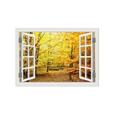 Imagem de Vista da Janela Paisagem Pintura em Tela-Floresta Amarela Autumn-Impressão Lona Arte Parede Natural-Decoração Sala Estar 50x70cm Sem Moldura