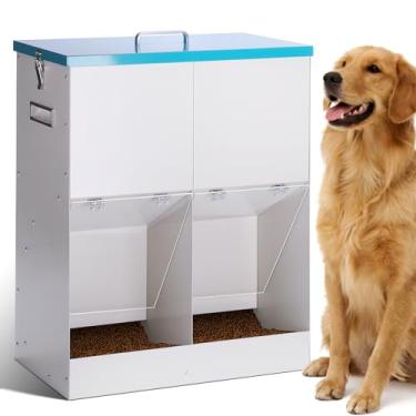 Imagem de KHEARPSL Alimentador automático de 21 kg para 2 cães, dispensador de ração para cães de raças grandes, alimentador duplo para animais de estimação, aço galvanizado, pendurado fora da estação de