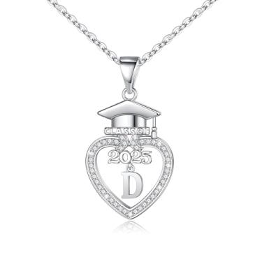 Imagem de Presentes de formatura para ela 2023, colar de inicial banhado a ouro branco 14K com pingente de coração de zircônia cúbica, presente de amizade para sua turma de 2023, presentes de formatura