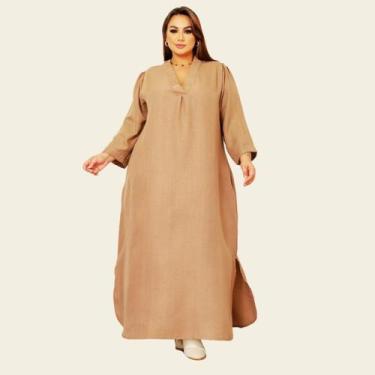 Imagem de Vestido Preto Curvy Linho Longo Decote V Elegante Lia Rosa, Castor, GG