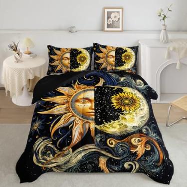 Imagem de AILONEN Conjunto de edredom de sol e lua, boêmio, exótico, galáxia, preta, para meninos e meninas, conjunto de edredom dourado com 3 peças, 1 edredom + 2 fronhas