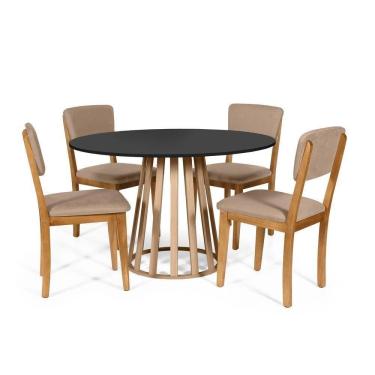 Imagem de Mesa De Jantar Redonda Gabi Pret/jade Com 4 Cadeiras Estofadas Ella Marrom Claro