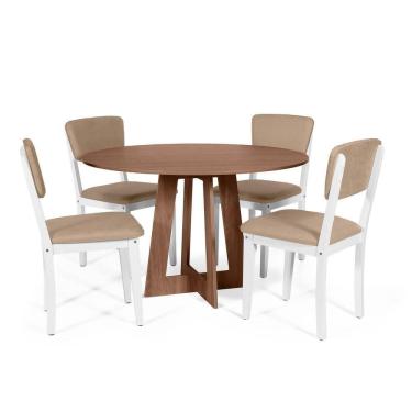 Imagem de Mesa De Jantar Redonda Montreal Noronha Com 4 Cadeiras Estofadas Ella Branco/marrom Claro