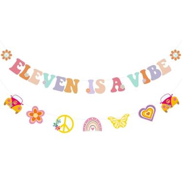 Imagem de Sursurprise Eleven Is A Vibe Groovy Decorações de aniversário de 11 anos, faixa hippie retrô de décimo primeiro aniversário Boho 11 onze anos de idade sinal de aniversário decoração arco-íris,