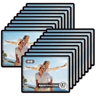 Imagem de Suporte magnético para fotos (10,16 cm x 15,2 cm - 16 unidades), suporte adesivo para decoração de moldura de vidro/geladeira preta para sala de aula