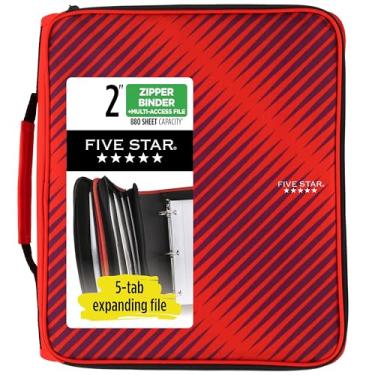 Imagem de Five Star Fichário com zíper, fichário de 3 anéis de 5 cm para escola, arquivo expansível de 6 bolsos, capacidade para 880 folhas, vermelho (72538)