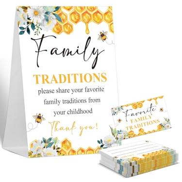 Imagem de Jogo de chá de bebê, placa de tradições familiares, 1 placa de pé e 50 cartões, decoração neutra de gênero de abelha mel, festa de revelação de gênero, suprimentos de lembrancinha de chá de