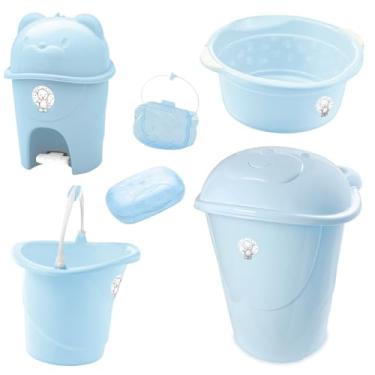 Imagem de Kit Adoleta 6 pçs Cesto De Roupas Para Bebê Balde Bacia E Lixeira (Azul)