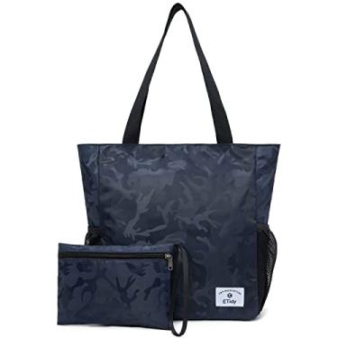Imagem de ETidy Bolsa de praia feminina dobrável de grande capacidade com zíper, impermeável, à prova de areia, bolsa de praia, bolsa de ginástica, bolsa de viagem, Camuflagem azul escuro, Large, Uso Casual Diário