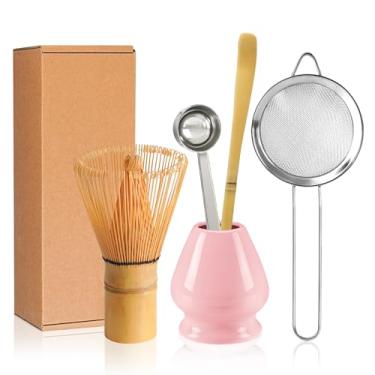 Imagem de Conjunto de batedor Matcha Kit de fabricação Matcha de bambu Chasen Suporte de batedor de cerâmica colher de peneira ferramentas de chá japonesas (rosa maciço)