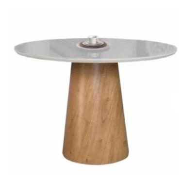 Imagem de Mesa de Jantar Cone Base Mel com Tampo Redondo de Vidro 100cm Branco *