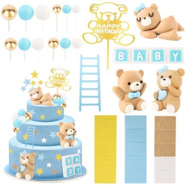 Imagem de Hooqict 48 PCS Bear Cake Topper Baby Shower Cake Decorations with Mini Bear, BABY Letters, Gold White Blue Ball Cake Toppers for Baby Boys 1st 2nd 3rd Gender Reveal Birthday Party Supplies