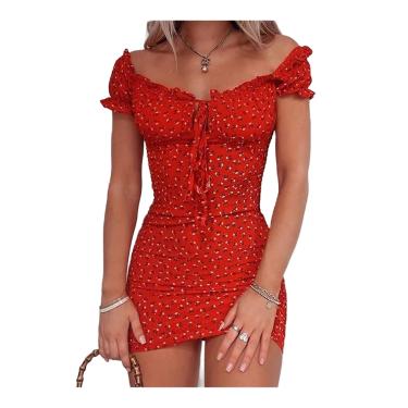 Imagem de Mulheres Floral Wrap Vestido Fora Do Ombro Amarrar Frente Ruffle Mini Vestido Verão Senhora Escritório Slash Neck Impresso Peil Vestido Confortável, Red, S