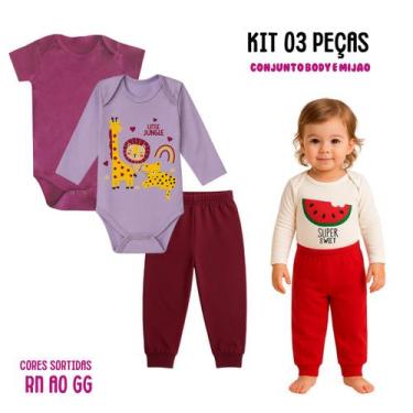 Imagem de Kit 3 peças Roupa Bebê Body e Mijão com punhos, menino e menina Suedin