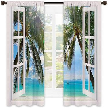 Imagem de Cortina blackout tropical, janela para a paisagem de praia exótica composição pastoral com palmeiras, cortinas blackout com absorção de som para decoração de sala de jantar/festa, L 106 x C 150 cm