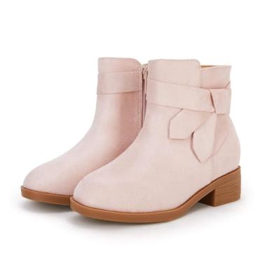 Imagem de Botas infantis para meninas com nó no tornozelo salto baixo grosso Chelsea, sapatos de inverno com zíper, rosa, 4 Big Kid