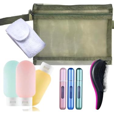 Imagem de Kit Viagem & Beleza: 3 Frascos Silicone 60 ml, Necessaire Colorida, Faixa Atoalhada, 3 Spray Perfume 5 ml e Escova Mágica
