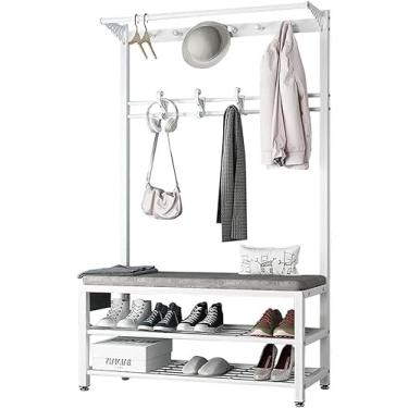Imagem de Banco De Sapatos, Casacos De Entrada De Metal, Sapateira, Árvore De Hall 3-em-1 Com Estrutura De Metal Com 11 Ganchos, Banco De Sapateira De 2 Andares Para Hall, Banheiro, Sa, White Gray, 80cm