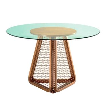 Imagem de Mesa De Jantar Coss Ozki 110 Cm Madeira Eucalipto Cedro Redonda Corda Redonda Canela E Tampo De Vidr