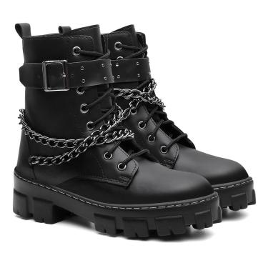 Imagem de Bota Feminina Coturno Anna Andrade Tratorado Casual Cano Baixo Corrente Tendência Preto  feminino