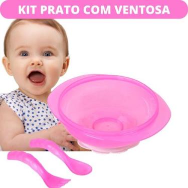 Imagem de Kit Prato Bowl C/ Ventosa e Talheres garfo e Colher - Bk Store, Rosa