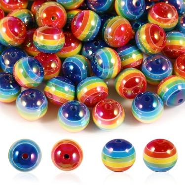 Imagem de 25 peças de contas redondas listradas UV 16 mm acrílico arco-íris macaron cor pirulito para telefone faça você mesmo bolsa de corrente pendurada caneta contas chaveiro (azul arco-íris + vermelho)