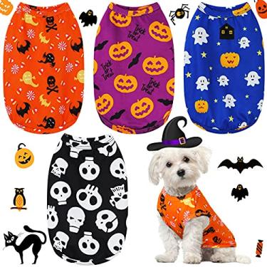 Imagem de Camiseta respirável para animais de estimação, 4 peças, para cães, Halloween, abóbora, morcegos, esqueletos, para festas de Halloween, cachorro pequeno (Médio)