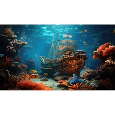 Imagem de Fundo de aquário de navio pirata afundado sob o mar fundo de tanque de peixes naufrágio pirata fundo subaquático oceano fundo do mar recife coral terrário fundos de aquário mar tropical 91 x 45 cm