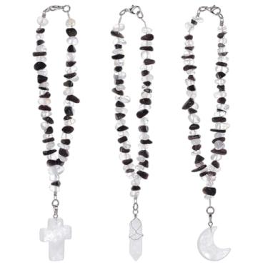 Imagem de OLYCRAFT 3 peças de pingente de carro pendurado de cristal de quartzo natural com cruz lua obsidiana espelho retrovisor ornamento apanhador sol carros espelhos pingentes para janelas interiores e