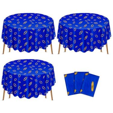 Imagem de Tegeme Toalha de mesa de plástico azul com estampa de anel dourado de 203 cm, toalha de mesa redonda com tema de desenho animado à prova d'água, descartável para videogames, decoração de festa