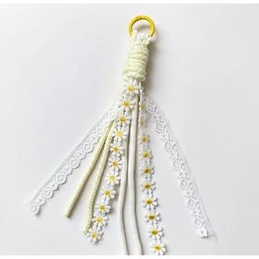 Imagem de Chaveiro decorativo com borla, design de fita e renda, cores sortidas, padrão guingão e floral, pingentes de chaveiro, roxo amarelo verde, coleção de primavera (lustre)