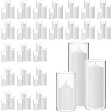 Imagem de Conjunto de 144 velas de pilar e vidro, 72 velas brancas a granel, 72 vasos cilíndricos suportes de cilindro transparentes para vela de pilar (branco) (144, vela com vidro)