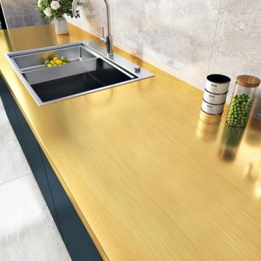 Imagem de WESTICK Papel de contato dourado de aço inoxidável brilhante para bancadas à prova d'água papel de parede dourado escovado descascar e colar envoltório de vinil metálico para geladeira lava-louças