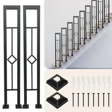 Imagem de XHKJYSDP 2 peças de corrimão de escada em forma de U, trilho de mão preto fosco com padrão de losango, corrimão de escada externa de ferro forjado para varandas, decks, cercas, preto