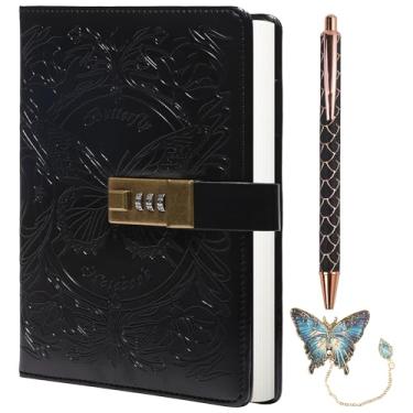 Imagem de TIEFOSSI Diário com cadeado para mulheres e meninas, diário forrado com cadeado, caderno de borboleta com caneta e marcador de página de borboleta, diário de bloqueio recarregável A5 para escrever
