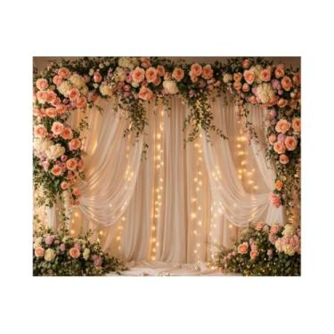 Imagem de Kate Cortina de gaze rosa de 3 x 2,4 m, decoração de flores rosas, cenários para fotografia de porta, retrato de casamento, mesa de sobremesa, fundo fotográfico