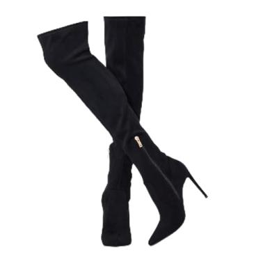 Imagem de GENSHUO Botas femininas acima do joelho com salto de camurça, cano alto, elástico, bico fino, salto agulha longa, Lã de camurça preta, 35