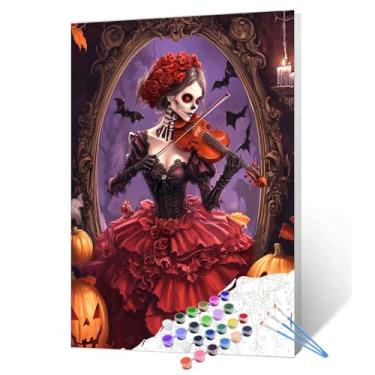 Imagem de Esqueleto gótico mulher tocando violino pintura por números kits iniciante estilo Halloween assustador número pintura espelho morcego abóbora adequado para amantes de terror, decoração de outono 40,6