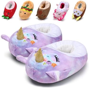 Imagem de IceUnicorn Pantufas infantis fofas de animais de pelúcia de Natal quentes para casa, meninas, meninos, quarto, uso interno, Unicórnio roxo, 31-32