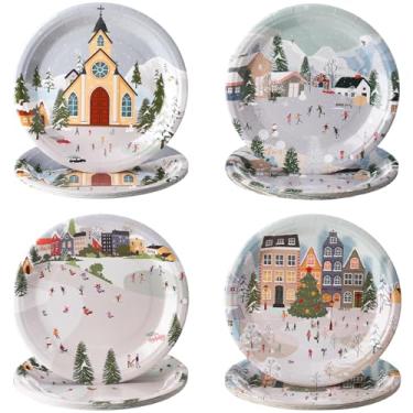 Imagem de Yungyan 100 peças de pratos de papel de vila de inverno, 23 cm, pratos de jantar de festa de Natal, descartáveis em massa, suprimentos de festa para decoração de Natal, inverno, feriado, louça