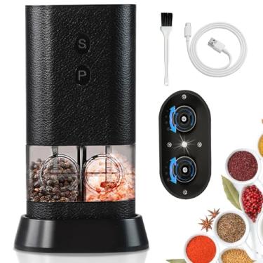 Imagem de Moedor elétrico de pimenta e sal de câmara dupla, conjunto de moedor de sal e pimenta recarregável USB-C, moedor de especiarias automático com uma mão mói duas especiarias, grande recarregável