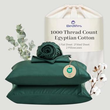 Imagem de Bedlifes Lençóis de algodão egípcio 1000 fios tamanho Queen, 4 peças de bolso profundo de 40,6 cm - roupa de cama ultramacia refrescante e respirável para conforto do hotel (verde escuro)