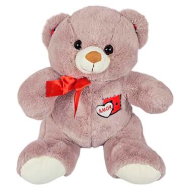 Imagem de Urso De Pelúcia Safari Com Lacinho Detalhes Coração 30Cms Decoração Brinquedo Dia Dos Namorados (Roxo)