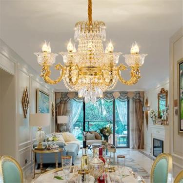 Imagem de OUFULA Lustre de cristal europeu para sala de estar de luxo Restaurante Americano Dourado Quarto Hotel Vila Edifício duplex Lâmpada Pendente (C 8 Luzes)