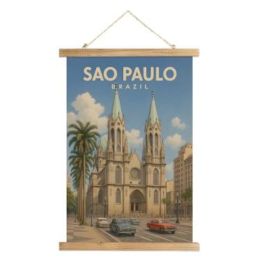 Imagem de WREVERW Pôster vintage de arte de parede de São Paulo Brasil, tela de paisagem urbana da catedral com moldura de madeira, decoração de viagem para sala de estar, quarto, escritório, 40 x 58 cm