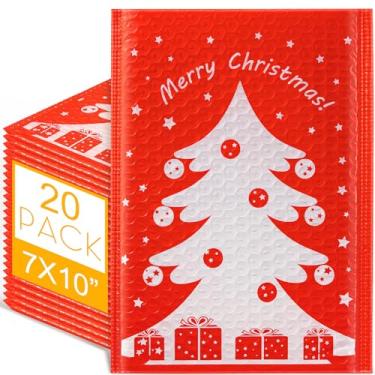 Imagem de Watersay Envelopes de plástico com bolhas de Natal 17 x 25 cm, envelopes acolchoados de Natal, autoadesivos, sacos de envio de férias para escola, família, presente de Natal grande (20 peças, árvore