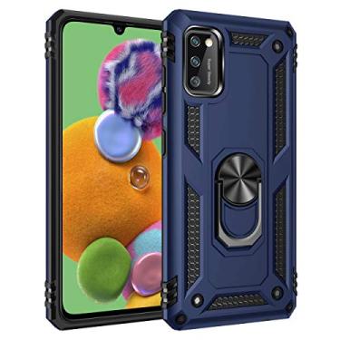 Imagem de SORAKA Capa para Samsung Galaxy A41 com suporte de anel capa protetora para Samsung Galaxy A41 capa traseira de policarbonato rígido com placa de metal para telefone magnético suporte de carro azul