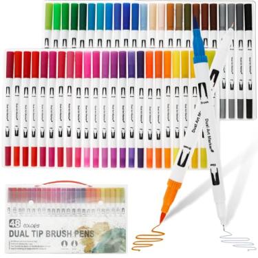 Imagem de HSHGZSR Conjunto de 48 canetas marcadoras, canetas marcadoras de arte de pincel duplo, marcadores à base de água com caixa portátil, conjunto de marcadores de ponta fina e de pincel, materiais de arte