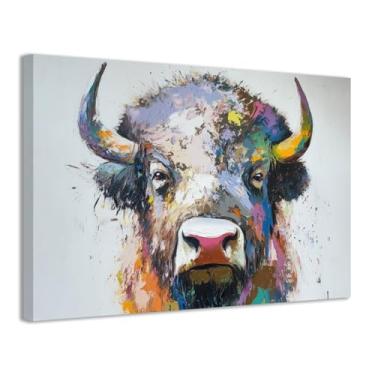 Imagem de CCWACPP Arte de parede em tela de búfalo, pinturas de vida selvagem, decoração de parede, imagens coloridas de bisão, impressões de arte abstratas para quarto de criança, decoração de cabana de casa