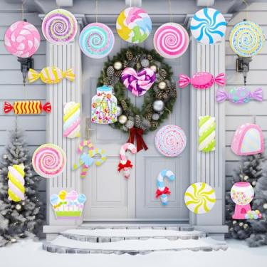 Imagem de Chunful 25 peças de decoração para pendurar bengala de doces de Natal, enfeite temático de doces, placas de quintal com espirais coloridos pirulito de hortelã-pimenta, marshmallow, para porta de